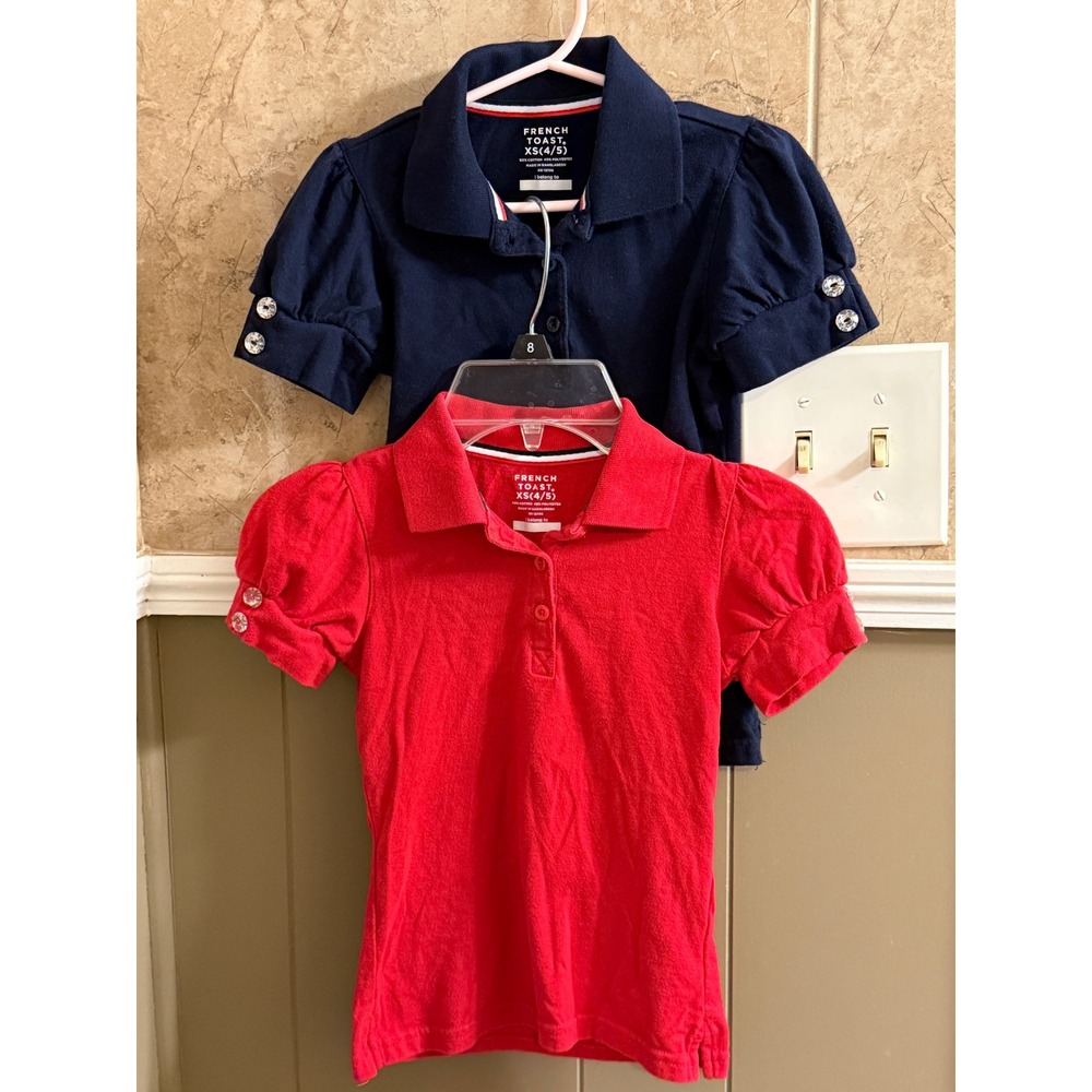 French Toast Girls Shirts XS (4/5) Puff Sleeve Red/Blue School‎ Uniform Set of 2